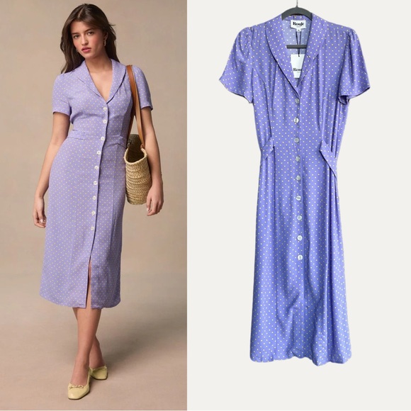 ROUJE NWT Lilac Purple Yellow Polka Dot Printed Button Down Marin Midi Dress 40 - Picture 8 of 17